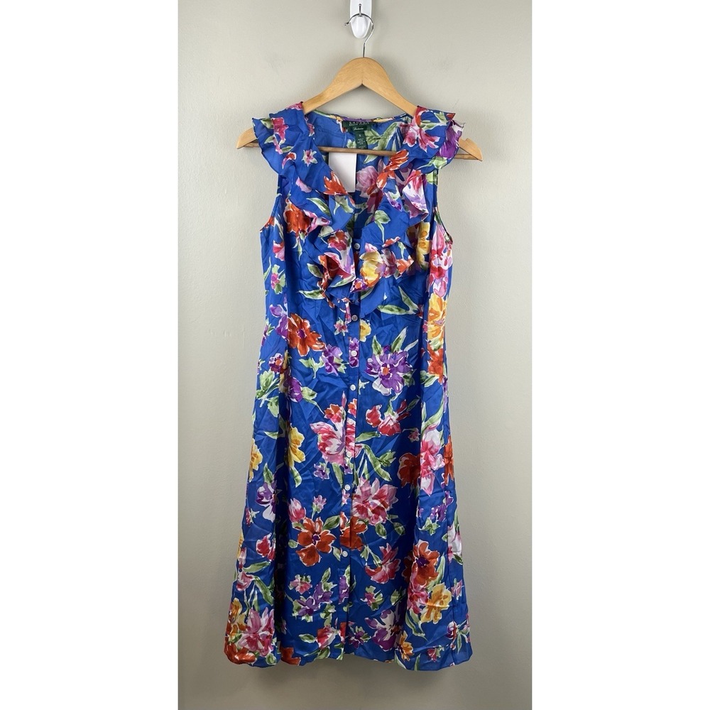 Lauren Ralph Lauren Floral 100% Silk Ruffle V-Neck Button‎ Front Midi Dress Sz 6